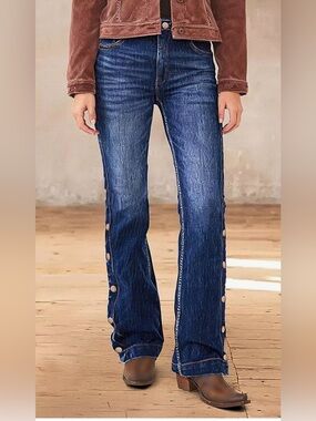 Flamingals Women's Buttoned Hem Bootcut Jeans Mid Waist Casual Pants